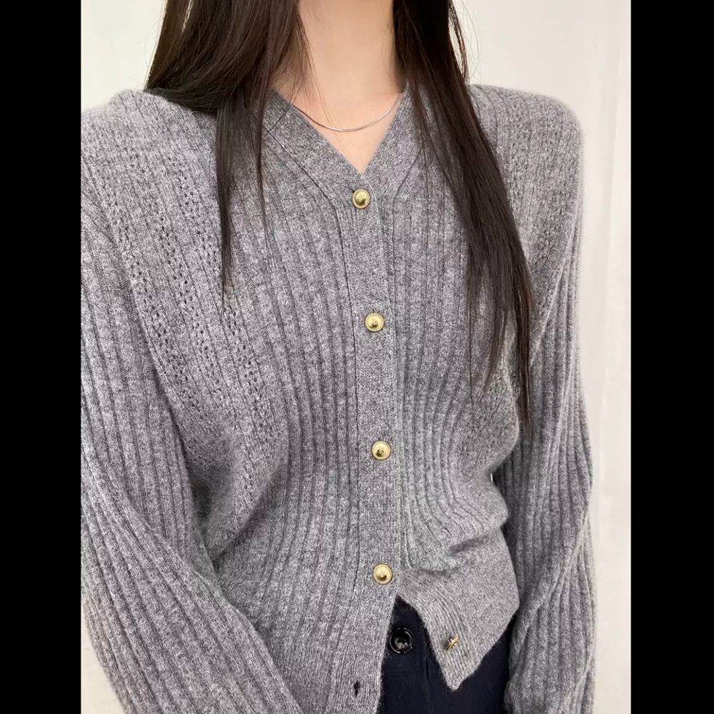 Korea Woodsage Grey Merino Wool Cardigan Sweater